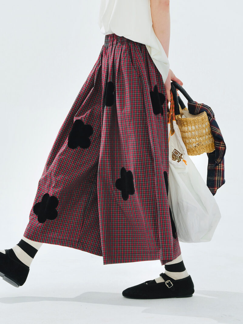Red Checkered Wide-Leg Pants for Women - Image 3
