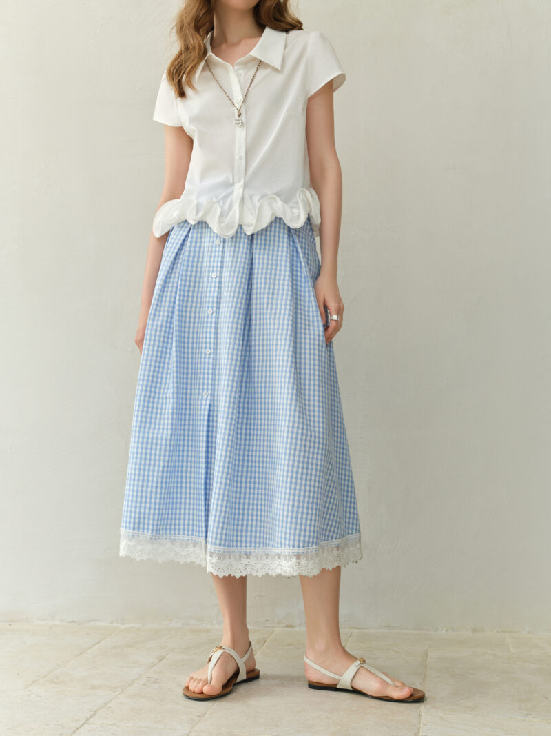 Plus-Size Blue and White Checkered A-Line Skirt - Image 2