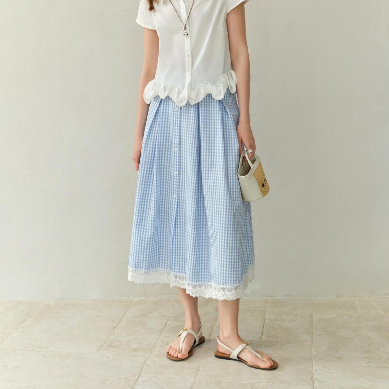 Plus-Size Blue and White Checkered A-Line Skirt