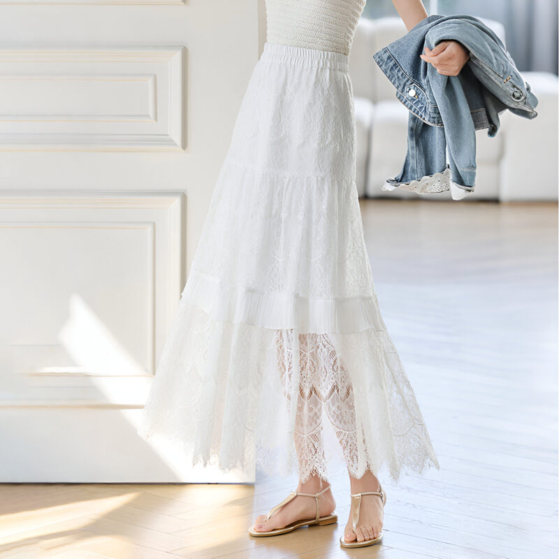 Elegant Lace A-Line Cotton Skirt for Women - Ankle Length, Spring/Summer - Image 5