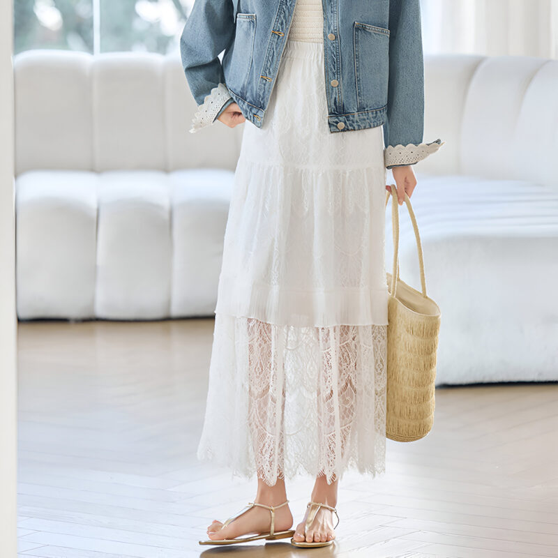 Elegant Lace A-Line Cotton Skirt for Women - Ankle Length, Spring/Summer - Image 4