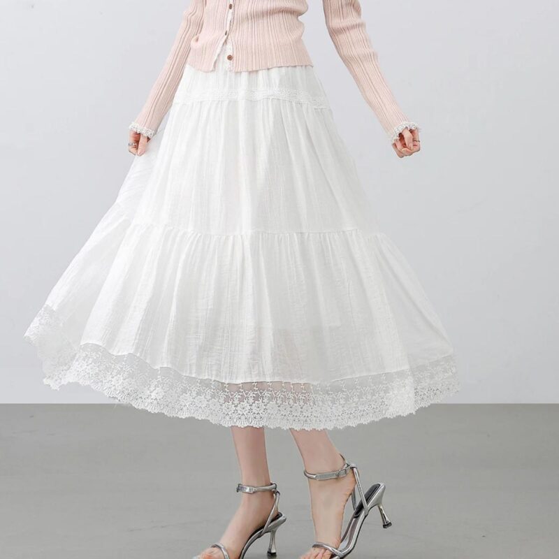 White A-Line Midi Skirt with Lace Details for Women – Perfect for Spring & Summer