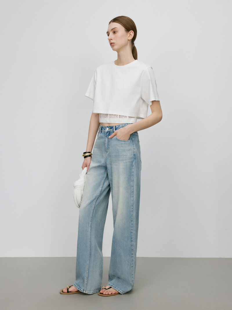 Women's Lace Spliced Cropped T-Shirt - Image 4