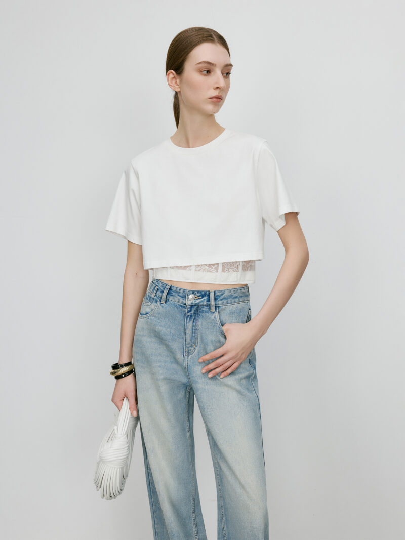Women's Lace Spliced Cropped T-Shirt - Image 3