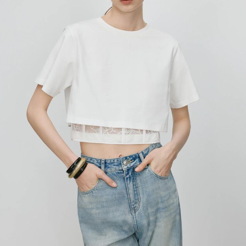 Women's Lace Spliced Cropped T-Shirt