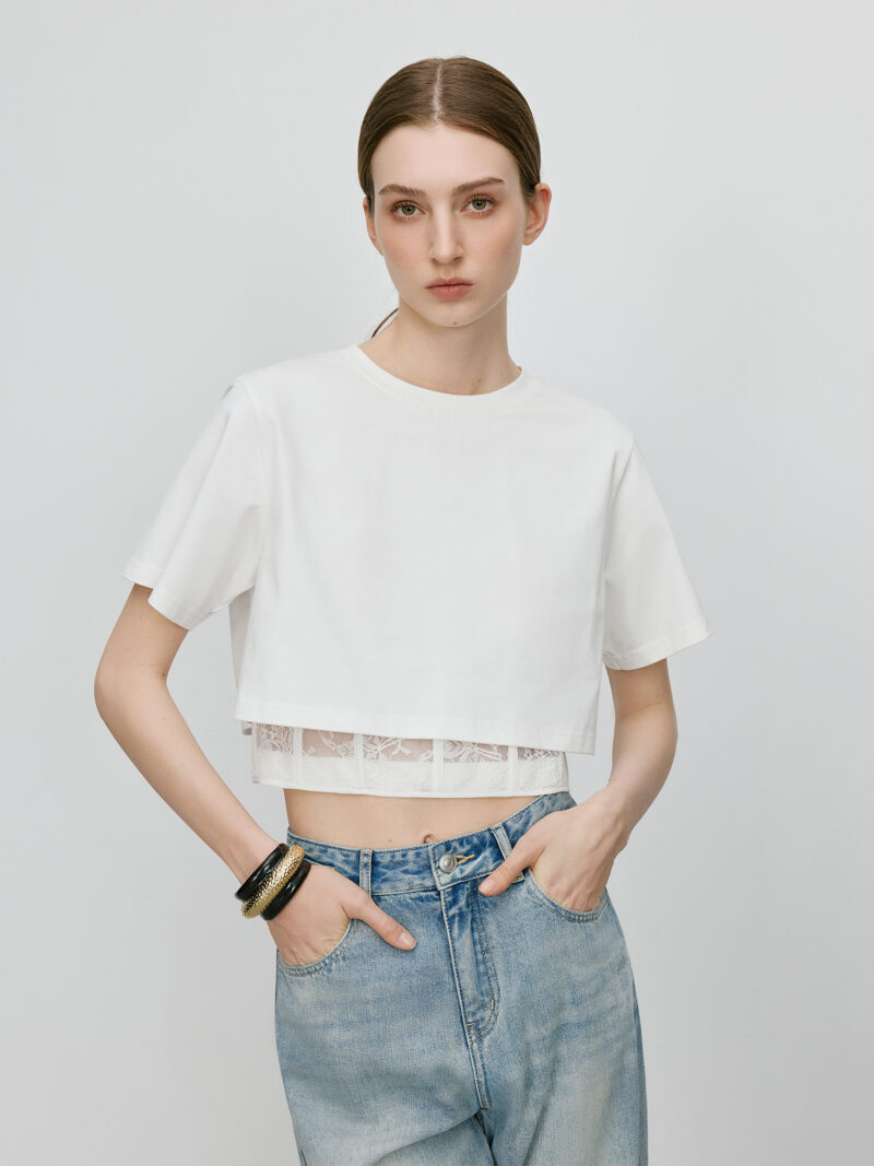 Women's Lace Spliced Cropped T-Shirt - Image 2