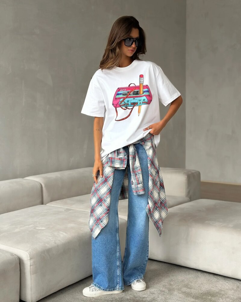 Women's Vintage Geometric Print Cotton T-Shirt – Casual Loose Summer Tee - Image 2