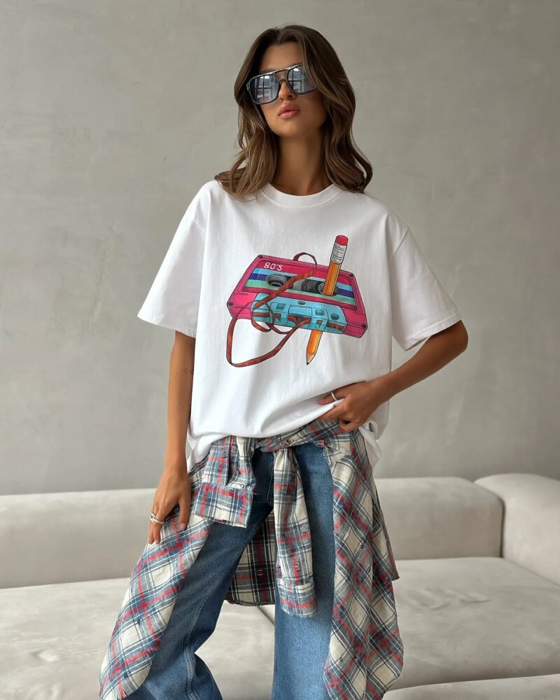 Women's Vintage Geometric Print Cotton T-Shirt – Casual Loose Summer Tee - Image 4