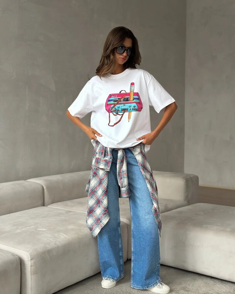 Women's Vintage Geometric Print Cotton T-Shirt – Casual Loose Summer Tee - Image 3