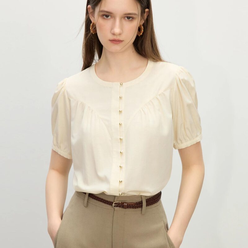 French-Inspired Round Neck Casual Short Sleeve Shirt