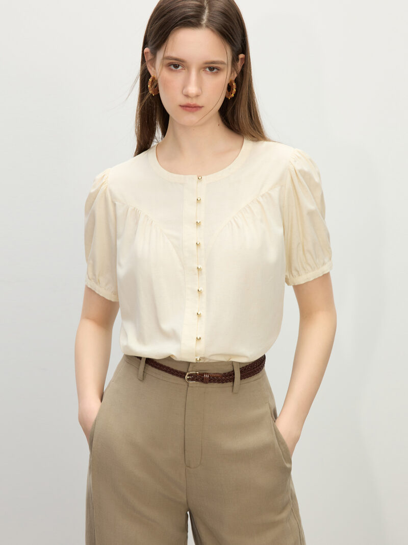 French-Inspired Round Neck Casual Short Sleeve Shirt - Image 2