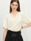 Chic Summer V-Neck Blouse with Billowy Sleeves – Casual & Office Look