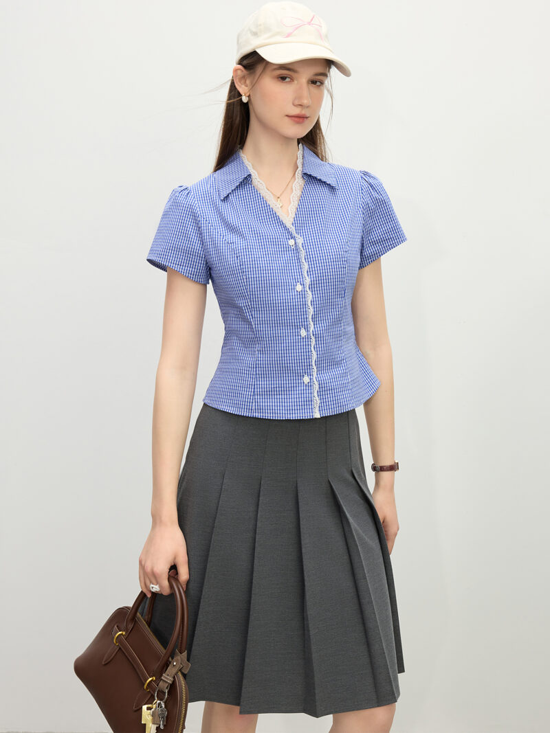 Summer Lace Layered Collar Slim Fit V-Neck Blouse - Image 3