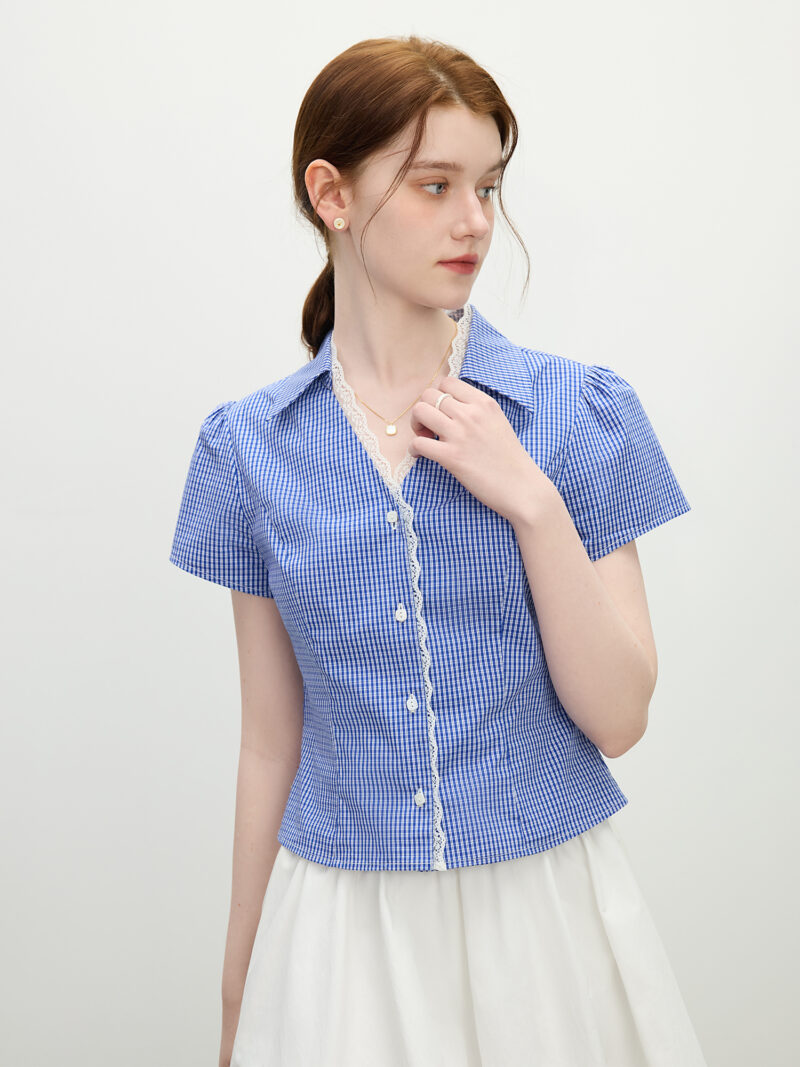 Summer Lace Layered Collar Slim Fit V-Neck Blouse - Image 2