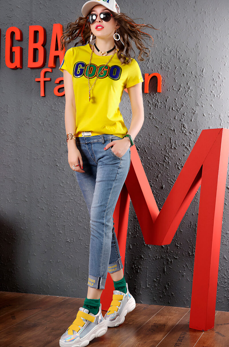 Summer Yellow Cotton Sequin T-Shirt for Women – Streetwear Style - Image 2