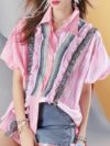 Women's Striped Patchwork Puff Sleeve Blouse