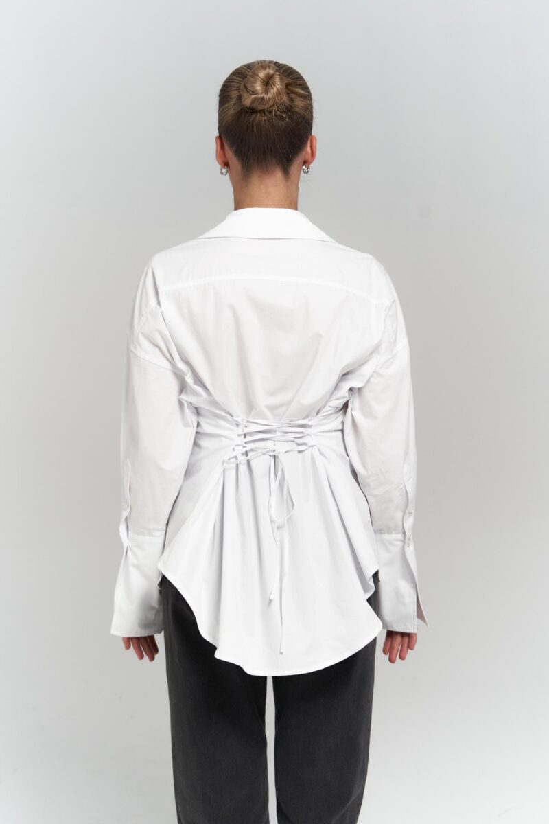 White Slim Fit Tie-Up Cotton Shirt – Long Sleeve Office Casual Wear - Image 3