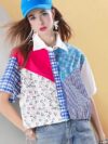 Women's Color Block Cropped Button Down Shirt