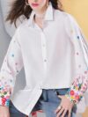 Women's White Cotton Long Shirt with Floral Embroidered Sleeves
