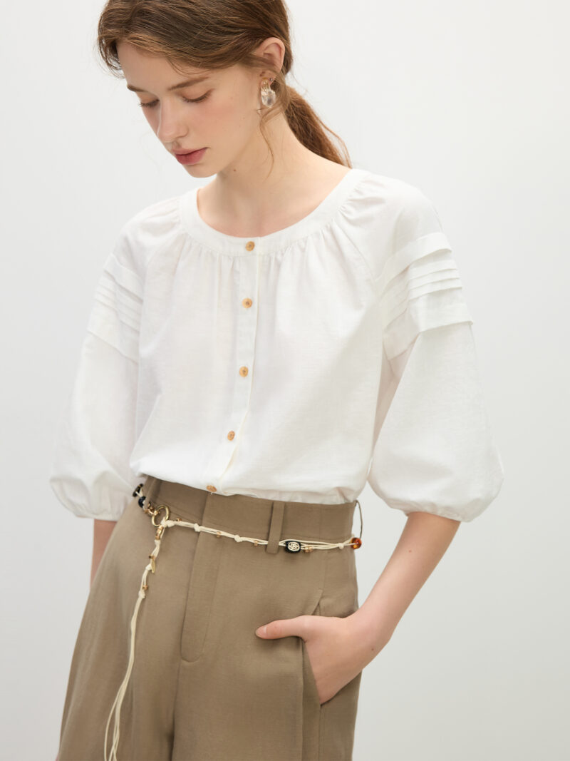 Summer Linen-Blend Short Sleeve Blouse with Round Neck & Lantern Sleeves - Image 5