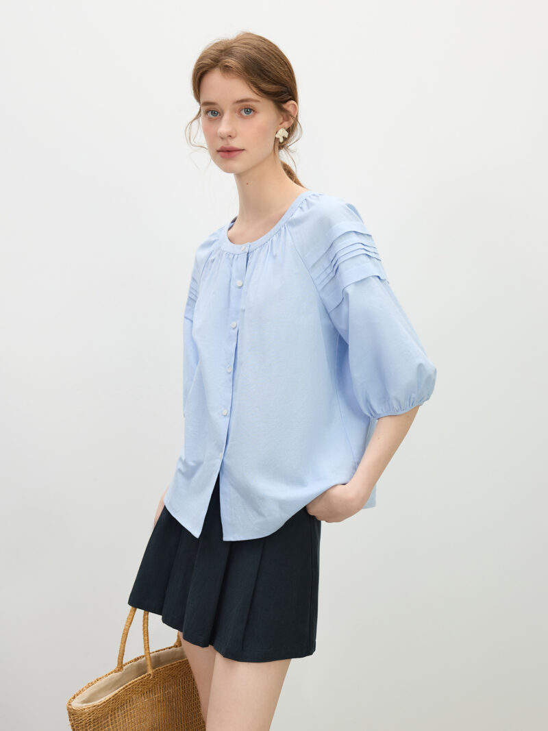 Summer Linen-Blend Short Sleeve Blouse with Round Neck & Lantern Sleeves - Image 4
