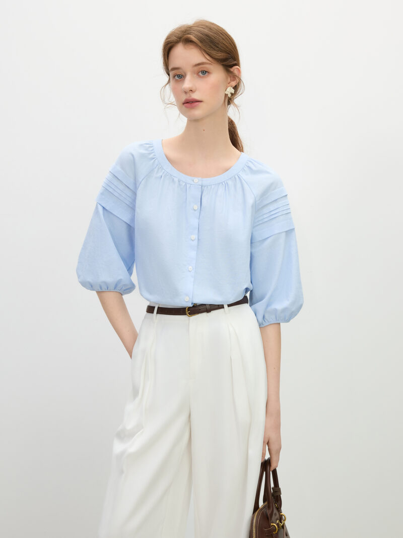 Summer Linen-Blend Short Sleeve Blouse with Round Neck & Lantern Sleeves - Image 2