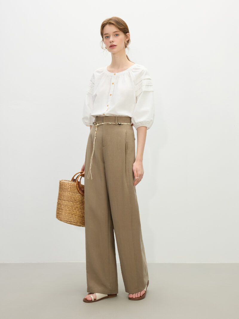 Summer Linen-Blend Short Sleeve Blouse with Round Neck & Lantern Sleeves - Image 6