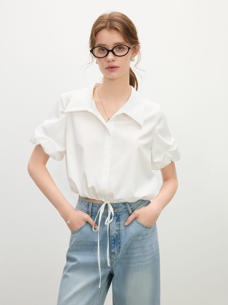 Summer V-Neck Crinkle Sleeve Shirt – Lightweight Linen Blend for Women - Image 2