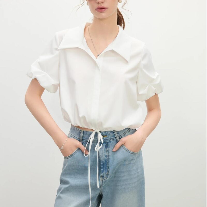 Summer V-Neck Crinkle Sleeve Shirt – Lightweight Linen Blend for Women