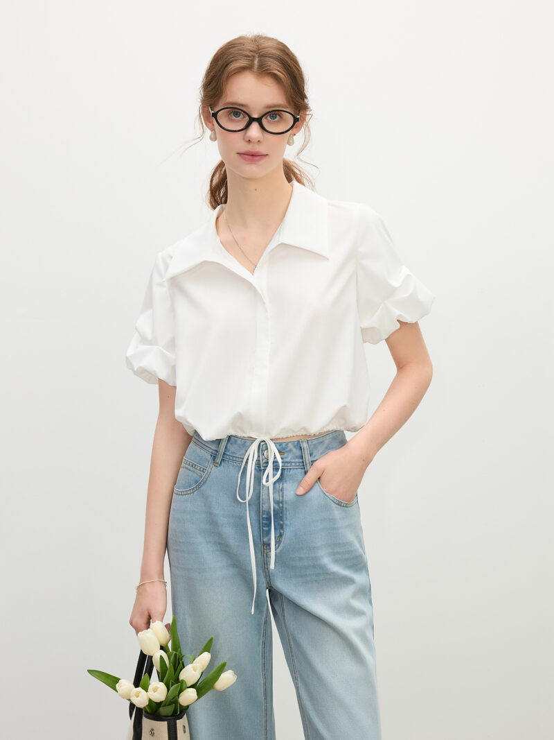Summer V-Neck Crinkle Sleeve Shirt – Lightweight Linen Blend for Women - Image 3