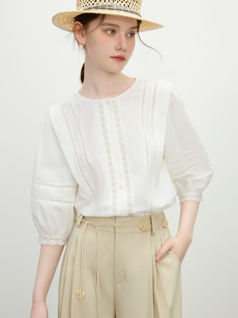 Elegant French Lace Lantern Sleeve Blouse – Summer Casual Chic - Image 2