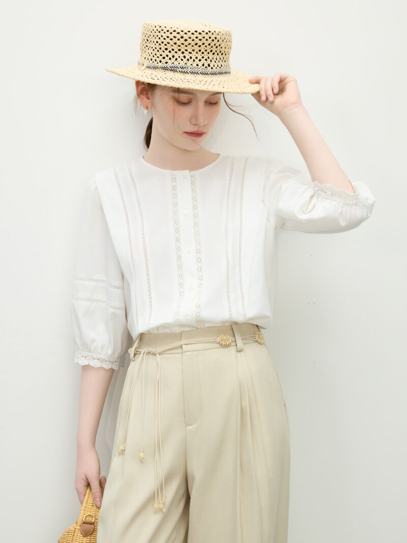 Elegant French Lace Lantern Sleeve Blouse – Summer Casual Chic - Image 3