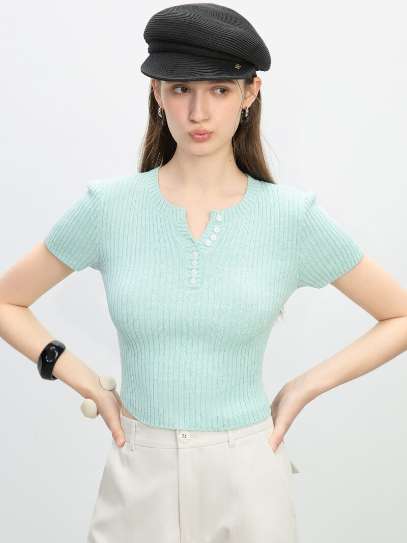 Grey Slim Fit Knitted T-Shirt for Women - Image 5