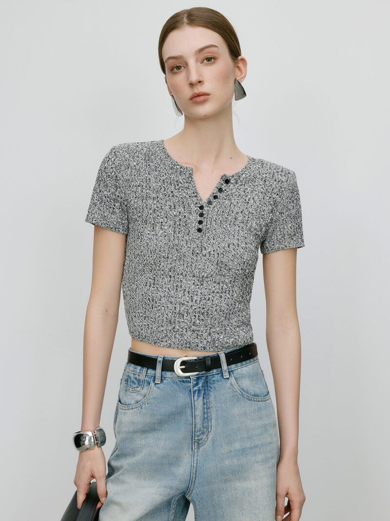 Grey Slim Fit Knitted T-Shirt for Women - Image 2