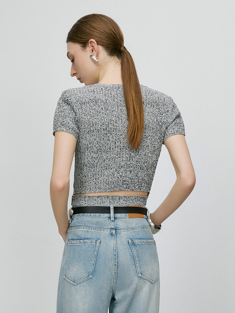 Grey Slim Fit Knitted T-Shirt for Women - Image 3