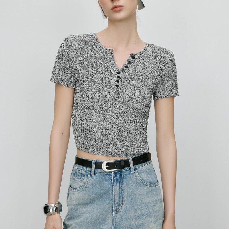 Grey Slim Fit Knitted T-Shirt for Women