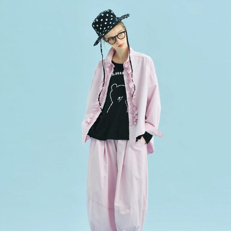 Spring Cherry Pink Lace Cotton Shirt
