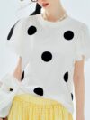 Summer Polka Dot Mesh Puff Sleeve Cotton Tee for Women