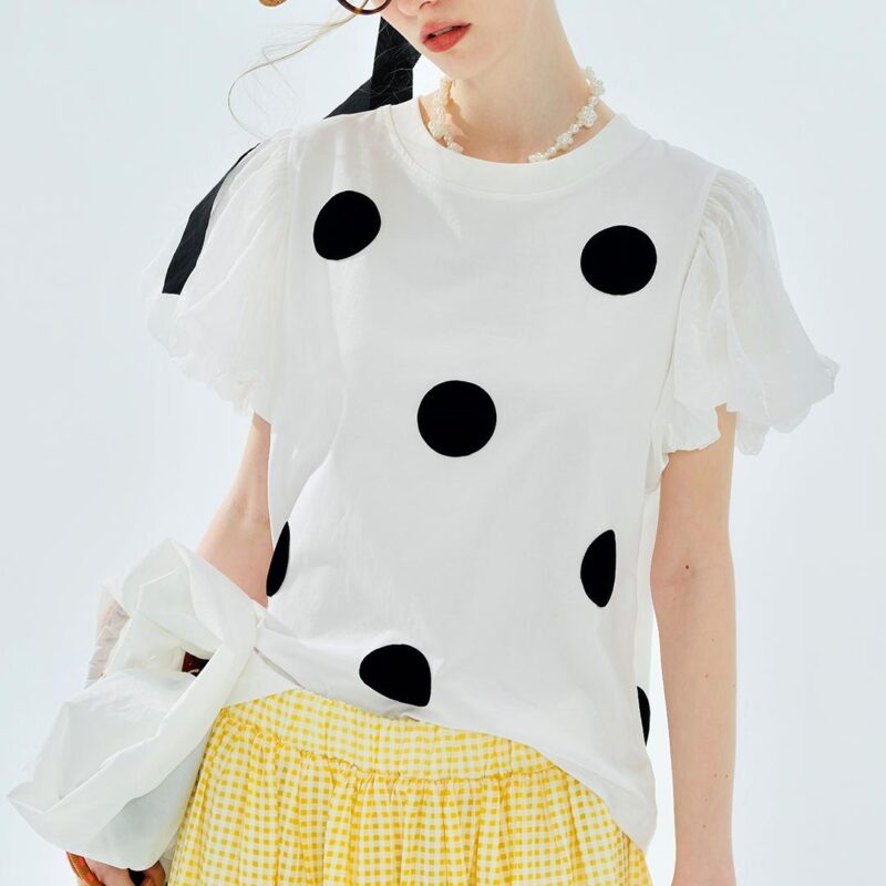 Summer Polka Dot Mesh Puff Sleeve Cotton Tee for Women