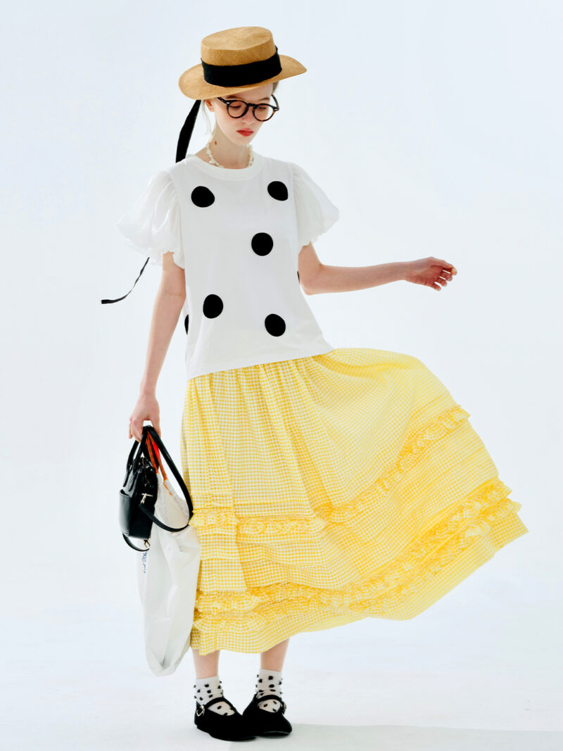 Summer Polka Dot Mesh Puff Sleeve Cotton Tee for Women - Image 4