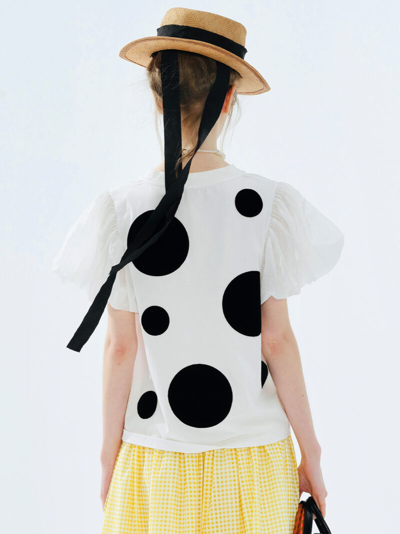 Summer Polka Dot Mesh Puff Sleeve Cotton Tee for Women - Image 3