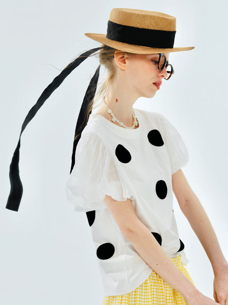 Summer Polka Dot Mesh Puff Sleeve Cotton Tee for Women - Image 6