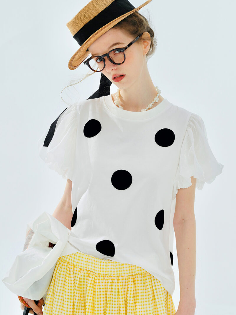 Summer Polka Dot Mesh Puff Sleeve Cotton Tee for Women - Image 2