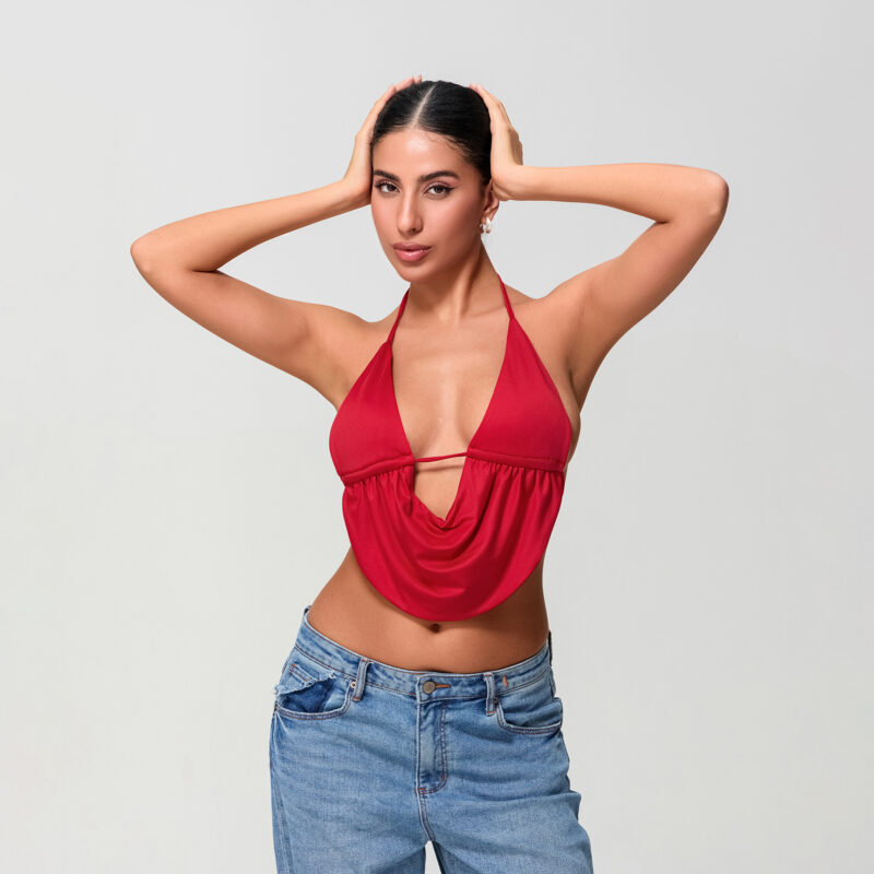 Sexy Halter Neck Backless Crop Top for Women – Deep V Solid Color Tank - Image 4