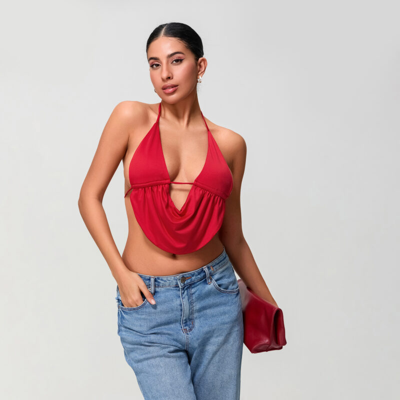 Sexy Halter Neck Backless Crop Top for Women – Deep V Solid Color Tank