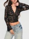 Autumn Lace V-Neck Crop Top for Women – Flared Long Sleeve Sheer Tee