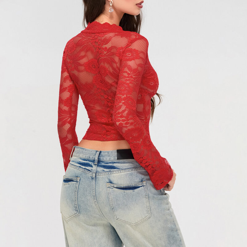 Autumn Lace V-Neck Crop Top for Women – Flared Long Sleeve Sheer Tee - Image 6