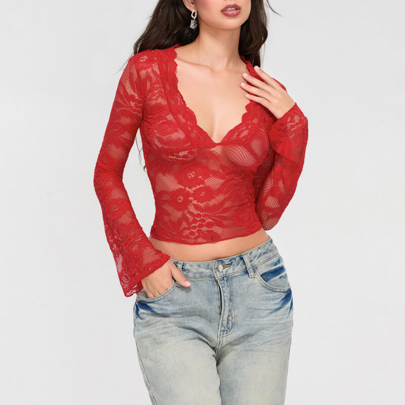 Autumn Lace V-Neck Crop Top for Women – Flared Long Sleeve Sheer Tee - Image 5