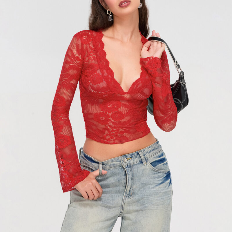 Autumn Lace V-Neck Crop Top for Women – Flared Long Sleeve Sheer Tee - Image 4