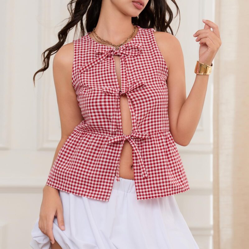 Women’s Slim Fit Plaid V-Neck Tie-Up Tank Top - Image 6